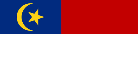 Flag of Historic State of Malacca (Malaysia) Melaka, Two equal bands of red and white, with a yellow crescent and five-pointed star in a blue canton