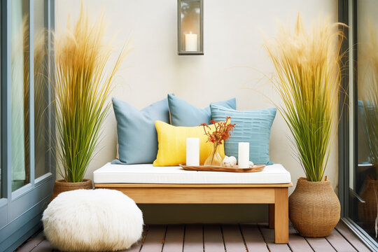cozy meditation nook on patio with plush cushions and ornamental grasses