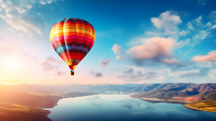 Fototapeta na wymiar The Majestic Voyage: A Colorful Hot Air Balloon Soaring Across a Vivid Blue Sky