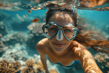 Fototapeta premium the girl diving among corals and colorful fish