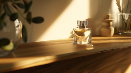 A pristine perfume bottle showcased on a polished wooden shelf, illuminated by natural sunlight. - obrazy, fototapety, plakaty