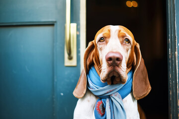 dog with droopy ears wearing a blue scarf sitting by a closed office door - Powered by Adobe