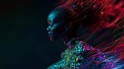 Abstract portrait of a beautiful black woman dancing in neon lights. AI generated image.