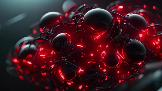 complex structure composed of interconnected glossy black spheres and intricate red illuminated lines. The overall appearance is reminiscent of a futuristic or alien technology.