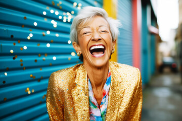 trendy senior woman in a glittery outfit laughing - obrazy, fototapety, plakaty