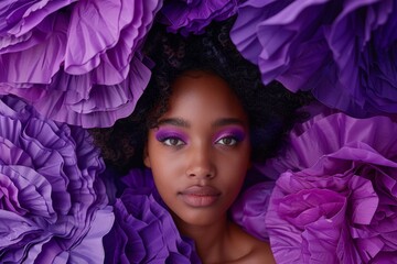 womans hair, face, and head surrounded by beautiful purple flowers