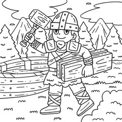 Fototapeta na wymiar Viking with Wood Planks Coloring Page for Kids