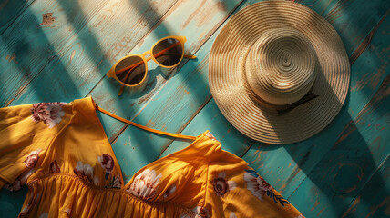 Sunglasses, summer sundress and hat. - obrazy, fototapety, plakaty