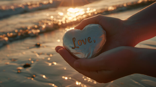 Women's hands hold a heart on the seashore.