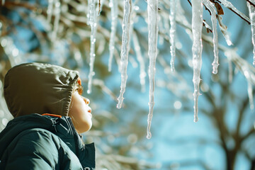 person wearing a spring jacket, looking up at melting icicles - obrazy, fototapety, plakaty