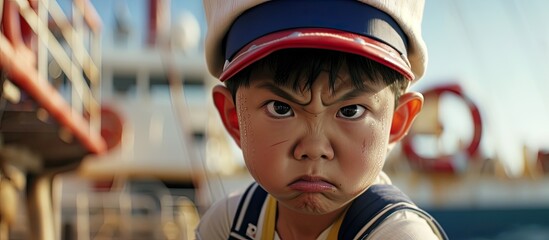 A young boy humorously mimics the famous squint of Popeye the Sailor, complete with a sailor hat, on a bright and clear day. - obrazy, fototapety, plakaty