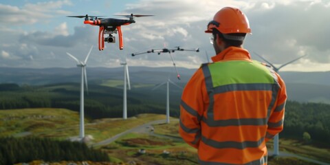 engineer in the mountains with drone on wind turbine background