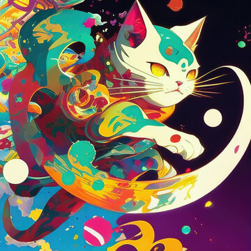 illustration of a cat playing in space like concept art  Generative AI