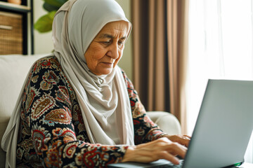 senior lady with a headscarf blogging on a laptop at home - obrazy, fototapety, plakaty