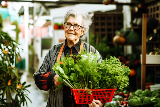 stylish grandparent with an armful of organic groceries