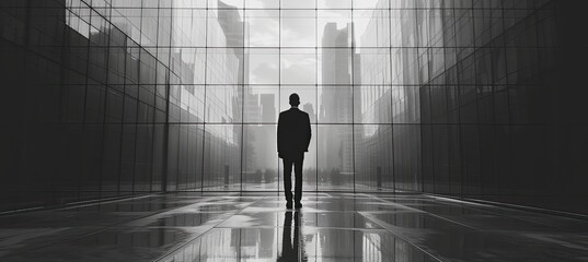 silhouette of a man outside of a city building, made of glass, inspirational