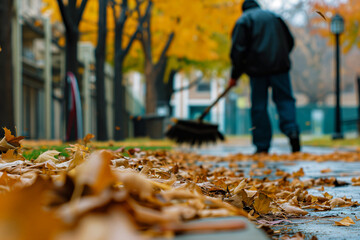 janitor sweeping leaves on a fall day in the hospital yard - obrazy, fototapety, plakaty