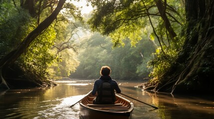 Kayaking down a scenic river with ample copy space for text and advertising purposes