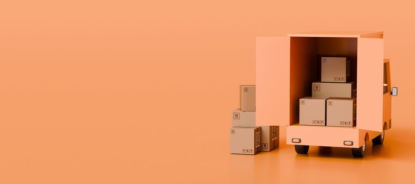 3D orange truck delivery back door opens with parcel box delivery icon. Online shopping, e-commerce concept. Minimal Cartoon icon design isolated on orange background. banner, copy space. 3D Rendering