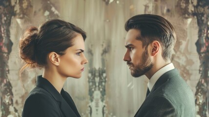 Corporate Stare Down - A man and woman in professional attire facing each other, depicting a standoff or competitive business environment - obrazy, fototapety, plakaty
