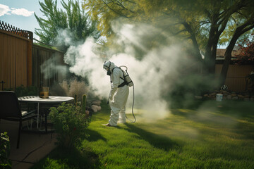 man with a protective suit fogging a backyard