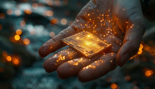 Unlocking AI Potential, the concept of unlocking AI potential with an image showing a hand holding an artificial intelligence chip, 