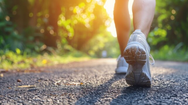Jogging into Sunlit Path - Close-up of runner's shoes on a sun-drenched path, symbolizing health and endurance