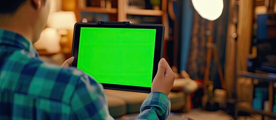 A close-up image of a young man holding a tablet with a green screen displayed, showing various home furnishings. The man is focused on the screen, appearing to interact with the digital display.