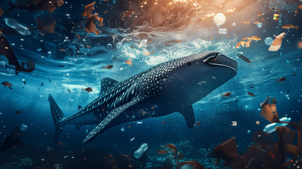 shark whale swimming in polluted ocean surrounded with trash and plastic bottle human waste illustration - obrazy, fototapety, plakaty