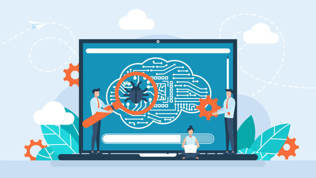 Testers in Quality assurance department. IT specialist testing software on laptop in search of bugs and virus. AI bug. Digital brain. Development, coding, problem identification. Vector illustration 