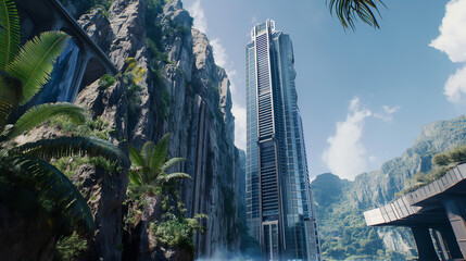 Landscape view of skyscraper next to tall mountains, environment contrast of progress and nature
