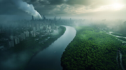 Photorealistic sky view of a polluted city with factories emitting smoke by a river with a large preserved green forest on the other side making contrast during daylight