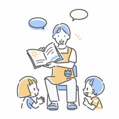 楽しく仕事をする若い男性の保育士　シンプルでお洒落な線画イラスト
