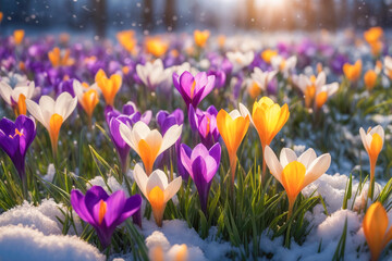 A field of crocuses, some yellow and some purple, emerge from beneath a layer of snow. Spring...