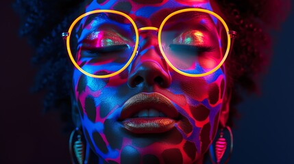 Abstract portrait of fashionable black woman with animal skin pattern make up. AI generated image.