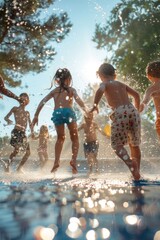 Group of Children Playing in a city fountain, happy summer vibes