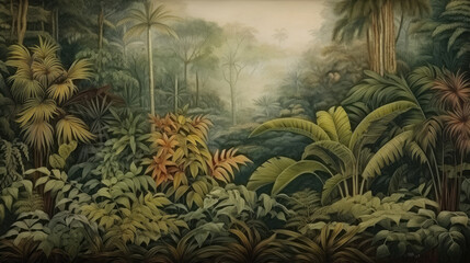 Retro mural photo wallpaper jungle and graceful leaves tropical forest vintage background graphics painting art card poster print interior - generative AI