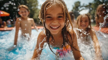 Children Playing in a Pool and jumping in a city fountain - obrazy, fototapety, plakaty