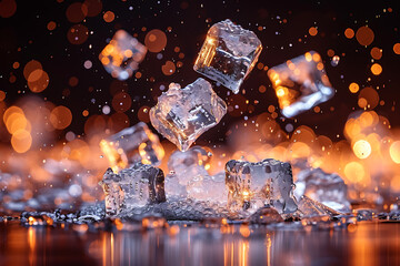 Ice cubes crush on к black or dark background. Chill backdrop.
