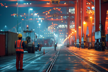 A port worker in a reflective safety vest and yellow helmet stands gazing at the illuminated, bustling activity of a cargo terminal at night - obrazy, fototapety, plakaty
