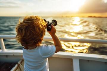child with binoculars at stern, looking to horizon - obrazy, fototapety, plakaty