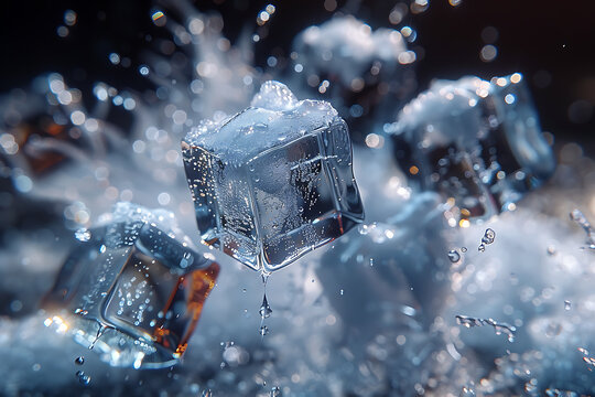 Ice cubes crush on к black or dark background. Chill backdrop.
