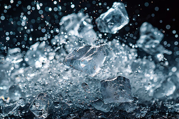 Ice cubes crush on к black or dark background. Chill backdrop.
