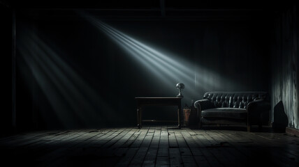 Dark room with gloomy interior and black sofa. Interior with dramatic lighting. Generated by artificial intelligence