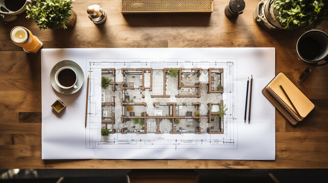 Top view of an architectural drawing, printed on white paper and lay on wooden table with pencils and small plant pots