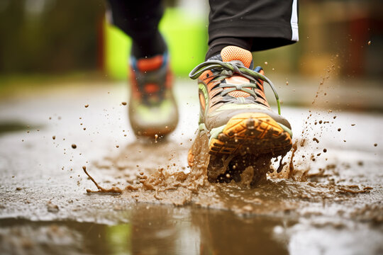 running shoes midstride in a muddy puddle, water spray visible