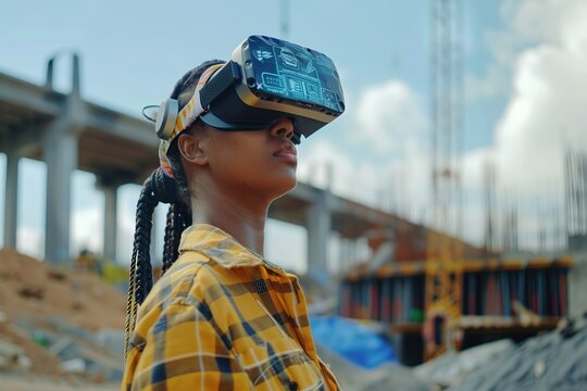 An African-American female engineer, wearing virtual reality glasses, works at a construction site, tracking the performance of high-rise work.