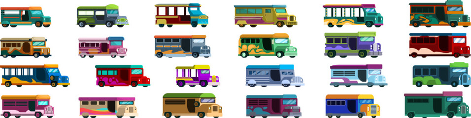 Jeepney icons set cartoon vector. Travel summer tourism. City jeep road © nsit0108