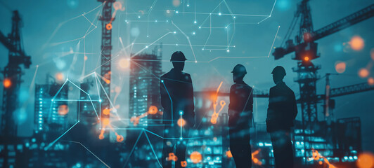 Silhouetted Construction Workers Overlooking Urban Development. Futuristic City Construction Site with Digital Overlay