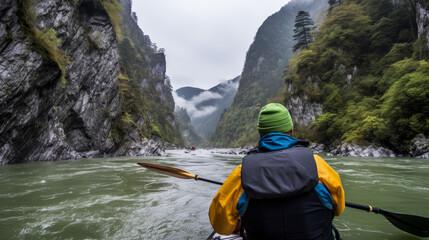 Kayaking down a river with room for text, ideal for outdoor adventure concept marketing